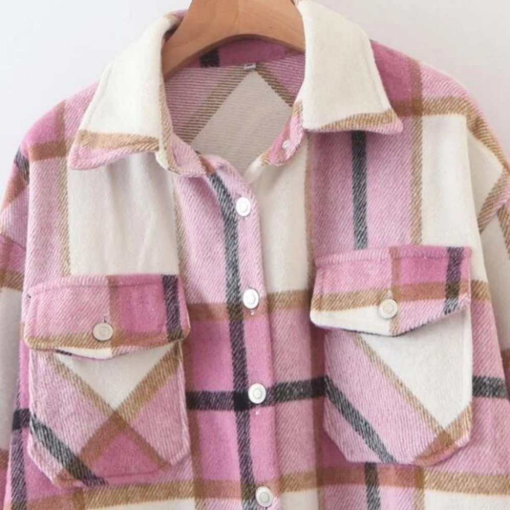 Casual Plaid Flap Pocket detailed button down pink Overshirt - Picture 16 of 16